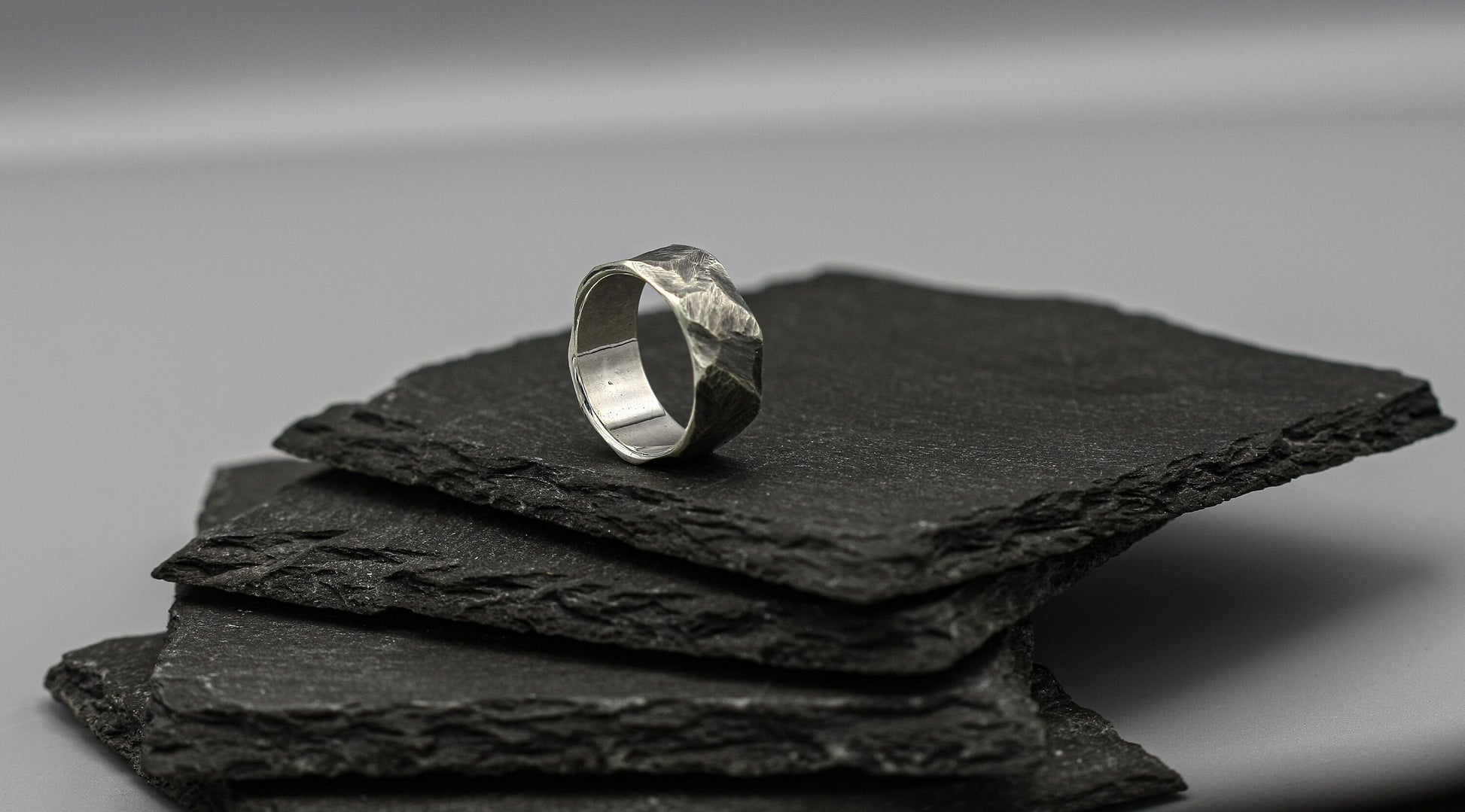 Rough Brutalist silver ring, wide viking warrior band