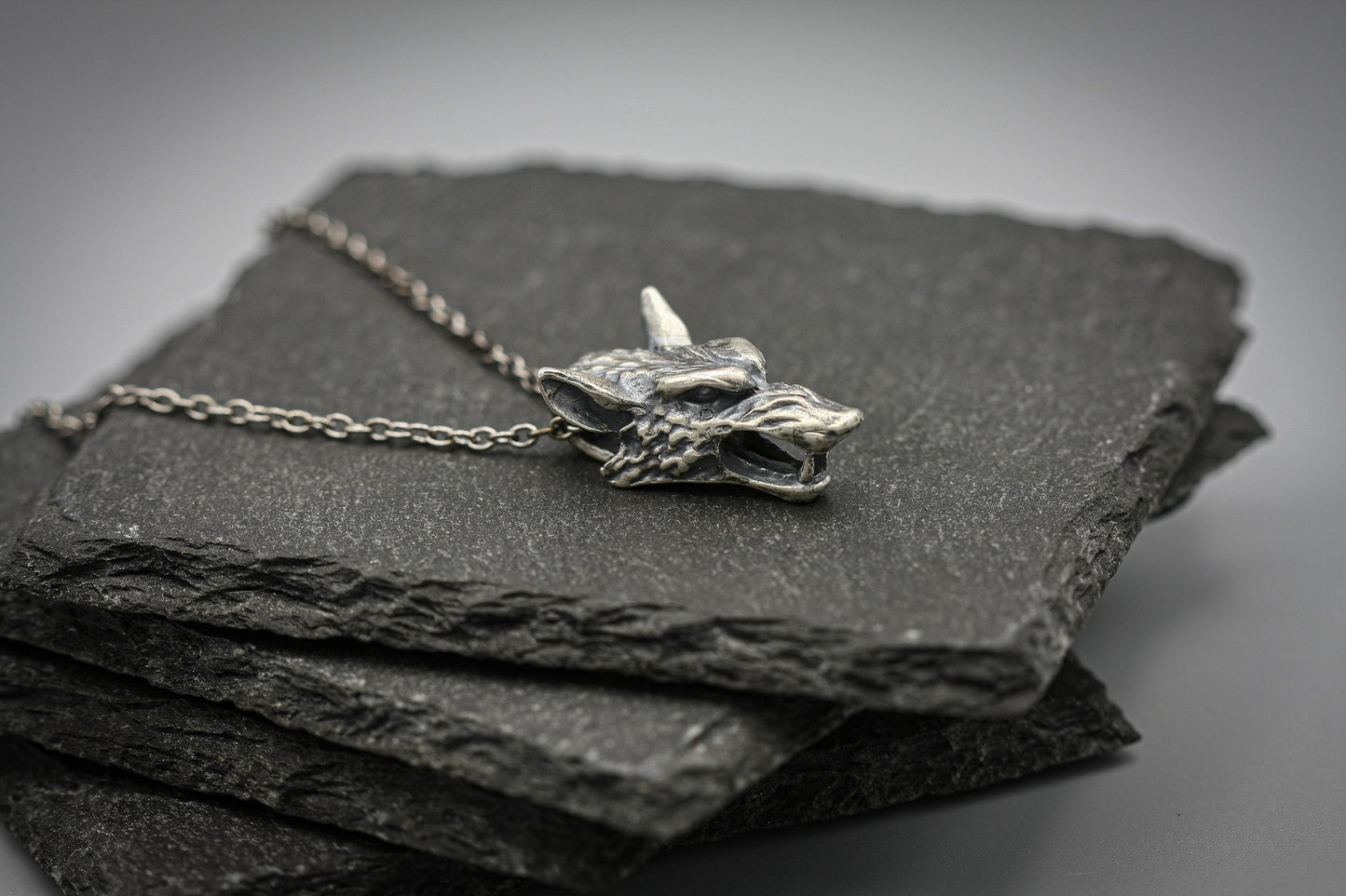 Fenrir Wolf Pendant, Silver Viking Norse Necklace.