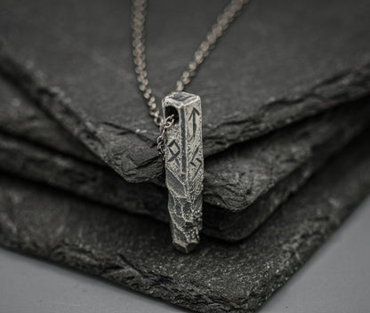 Ancient silver Viking rune necklace, personalized pendant, bar jewellery