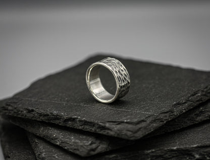 Scratched brutalist band , oxidised silver ring, unique wedding ring