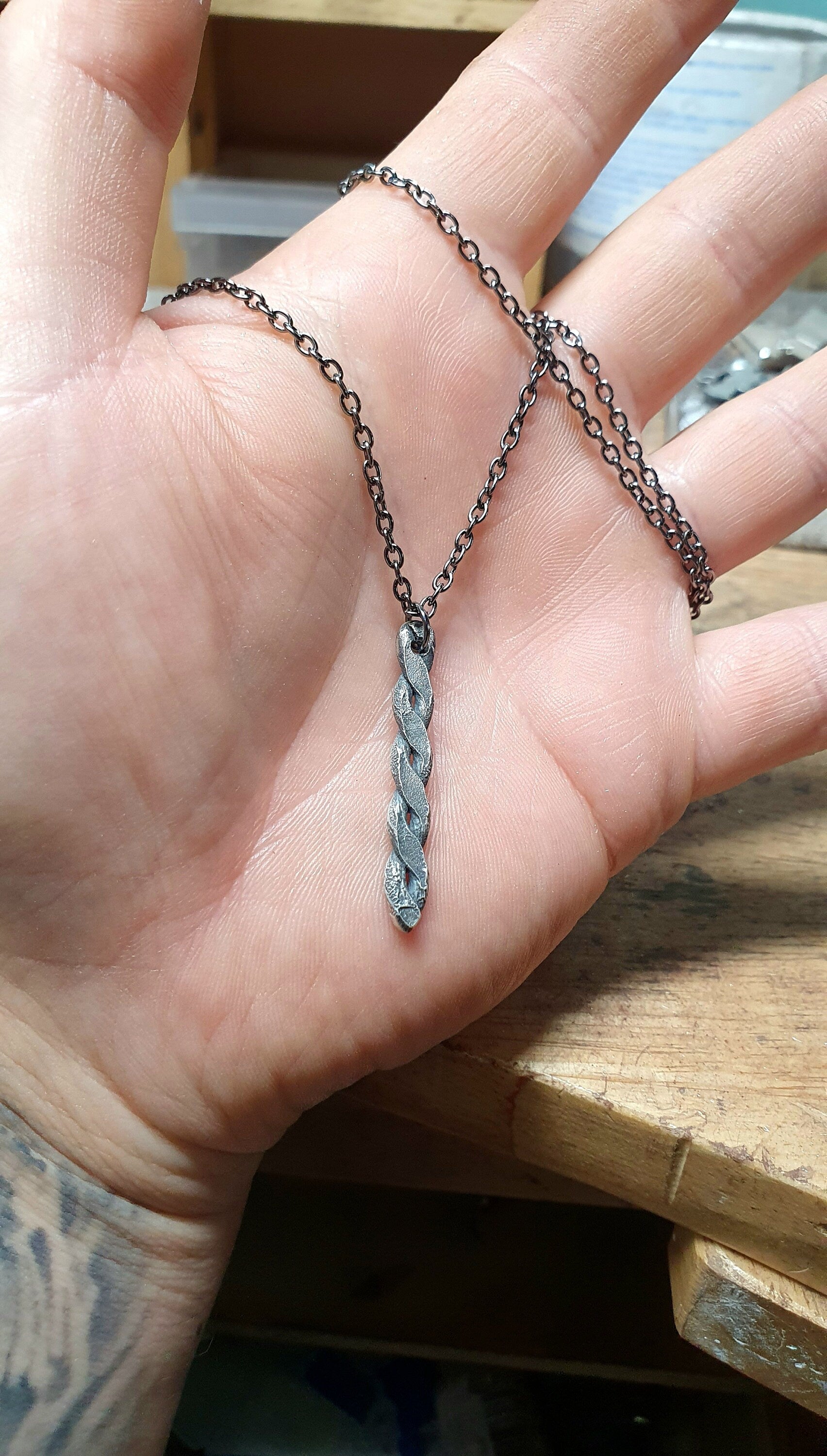 Viking twisted necklace, silver braided bar pendant