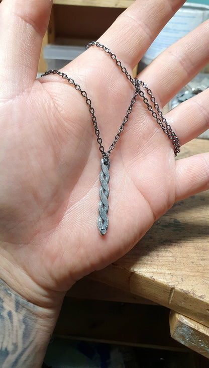 Viking twisted necklace, silver braided bar pendant