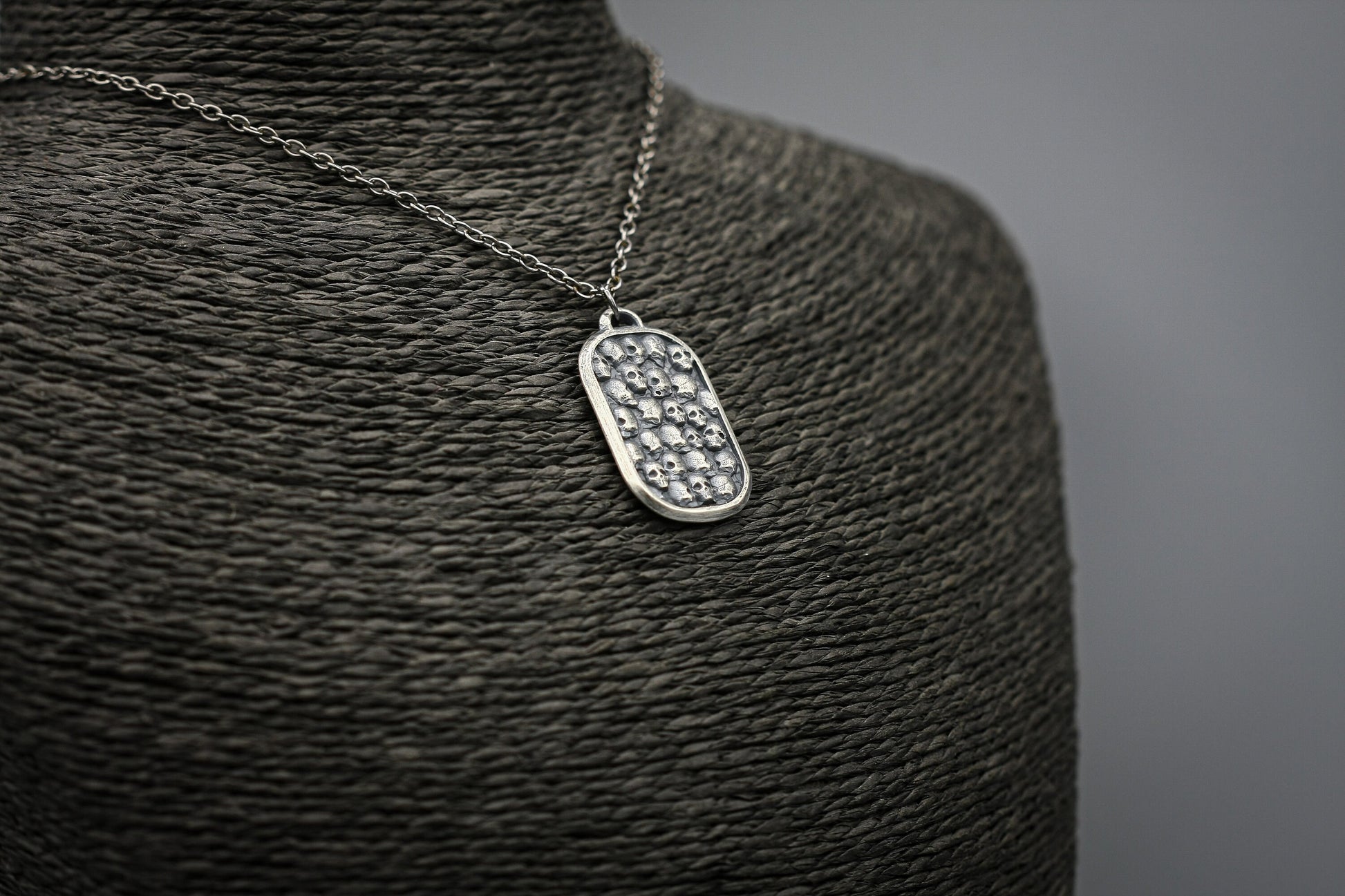 Silver skull dog tag pendant, skull necklace