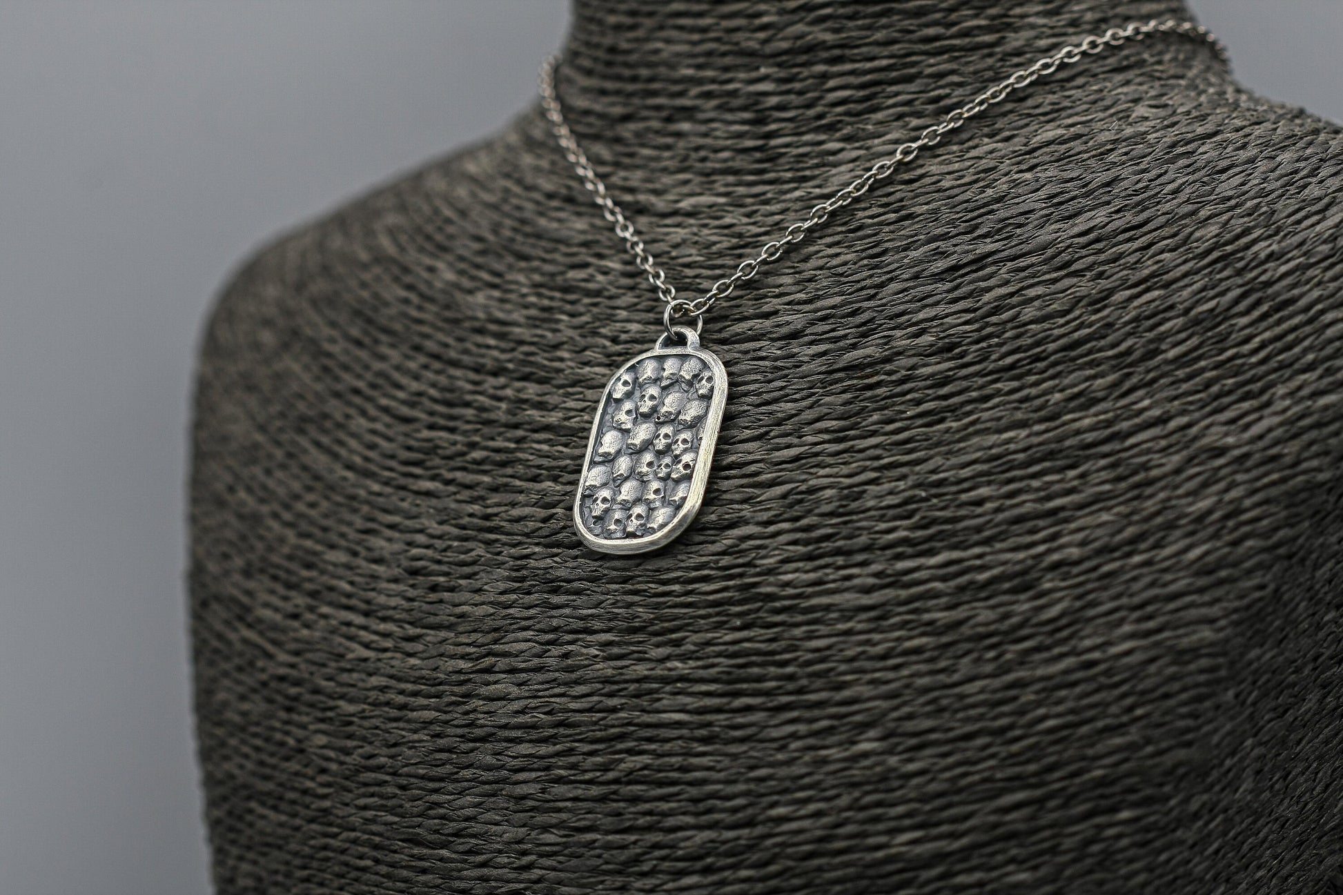 Silver skull dog tag pendant, skull necklace