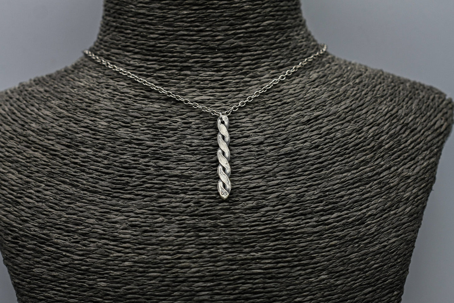 Viking twisted necklace, silver braided bar pendant