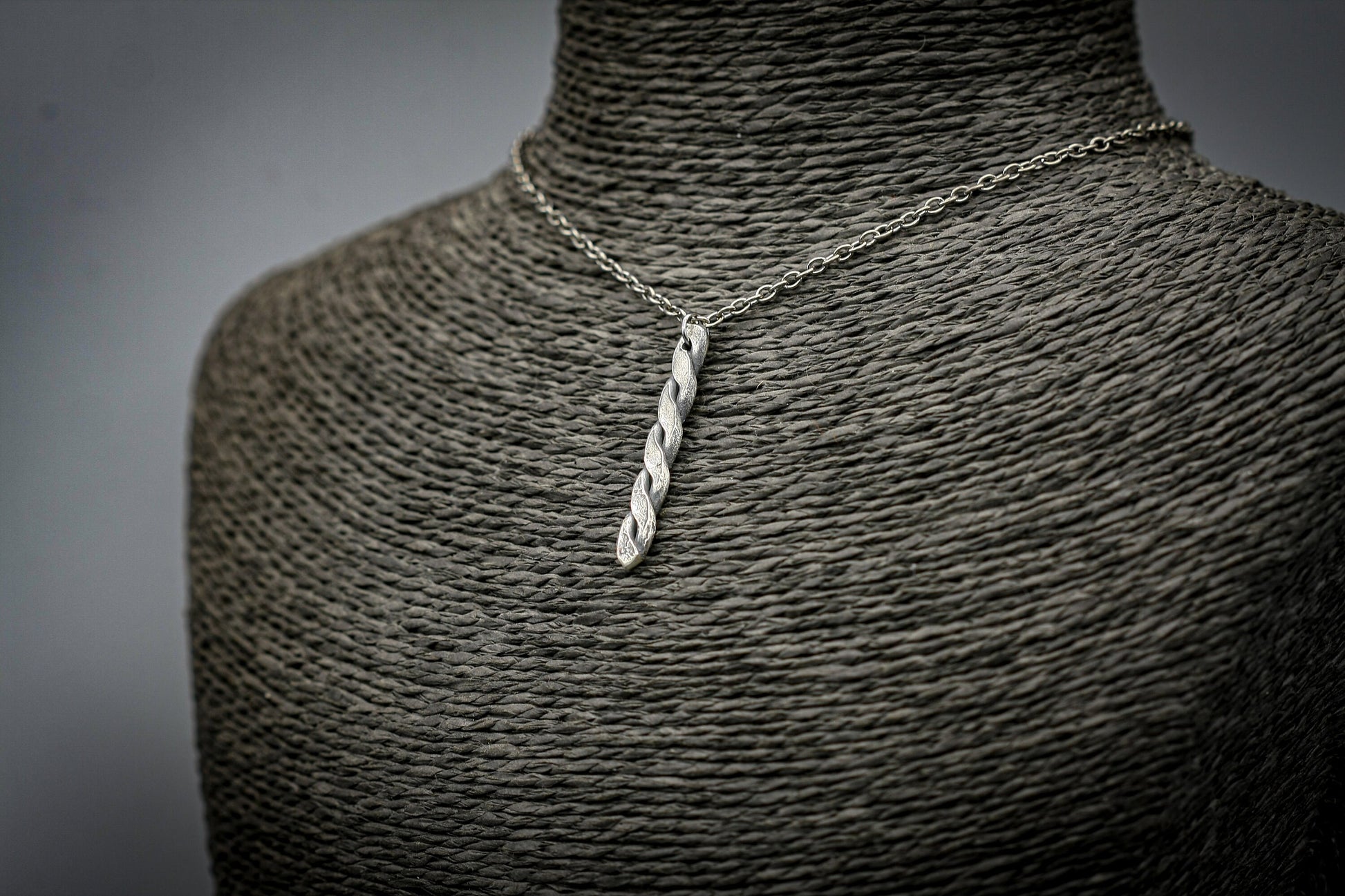 Viking twisted necklace, silver braided bar pendant