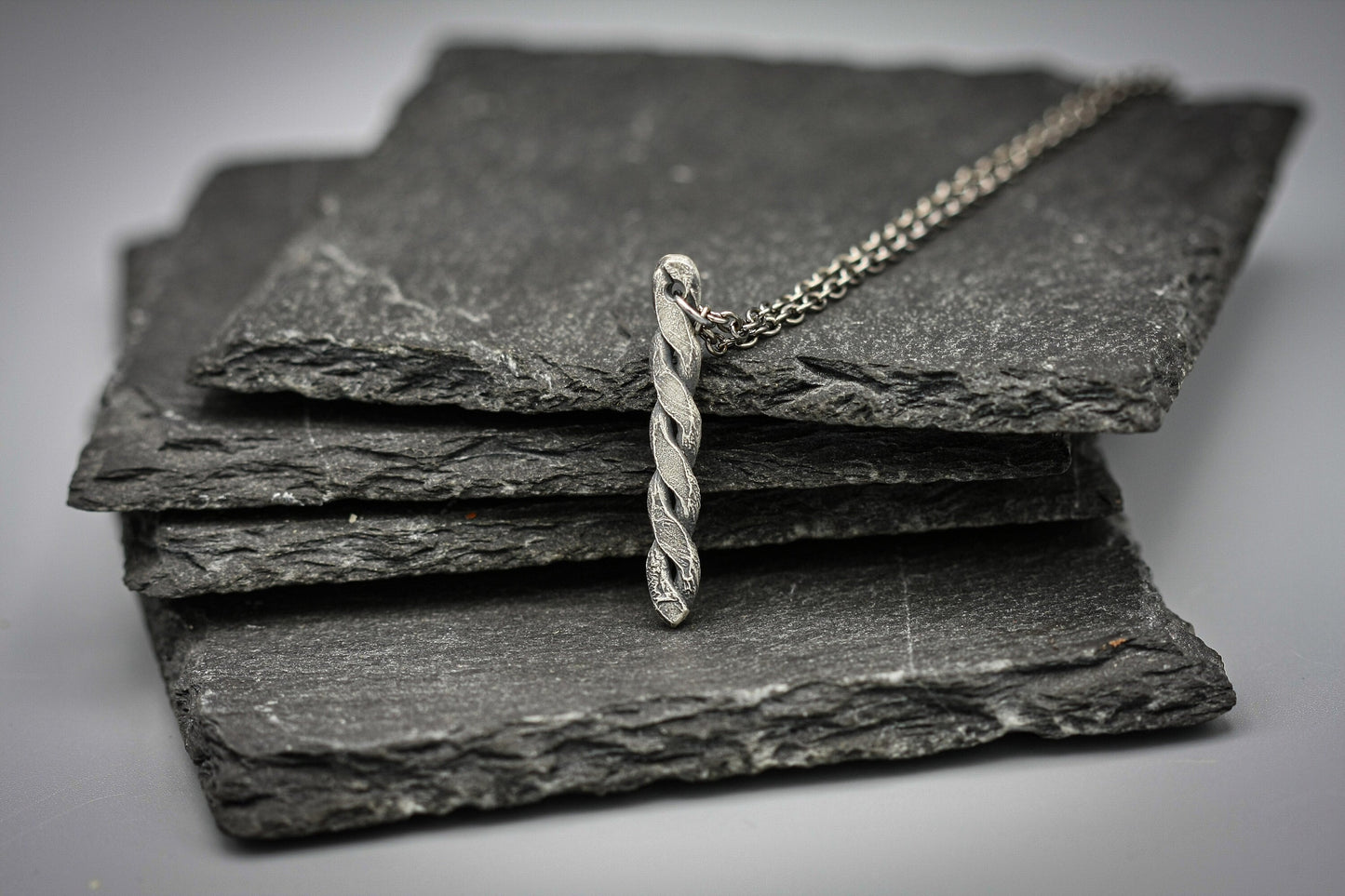 Viking twisted necklace, silver braided bar pendant