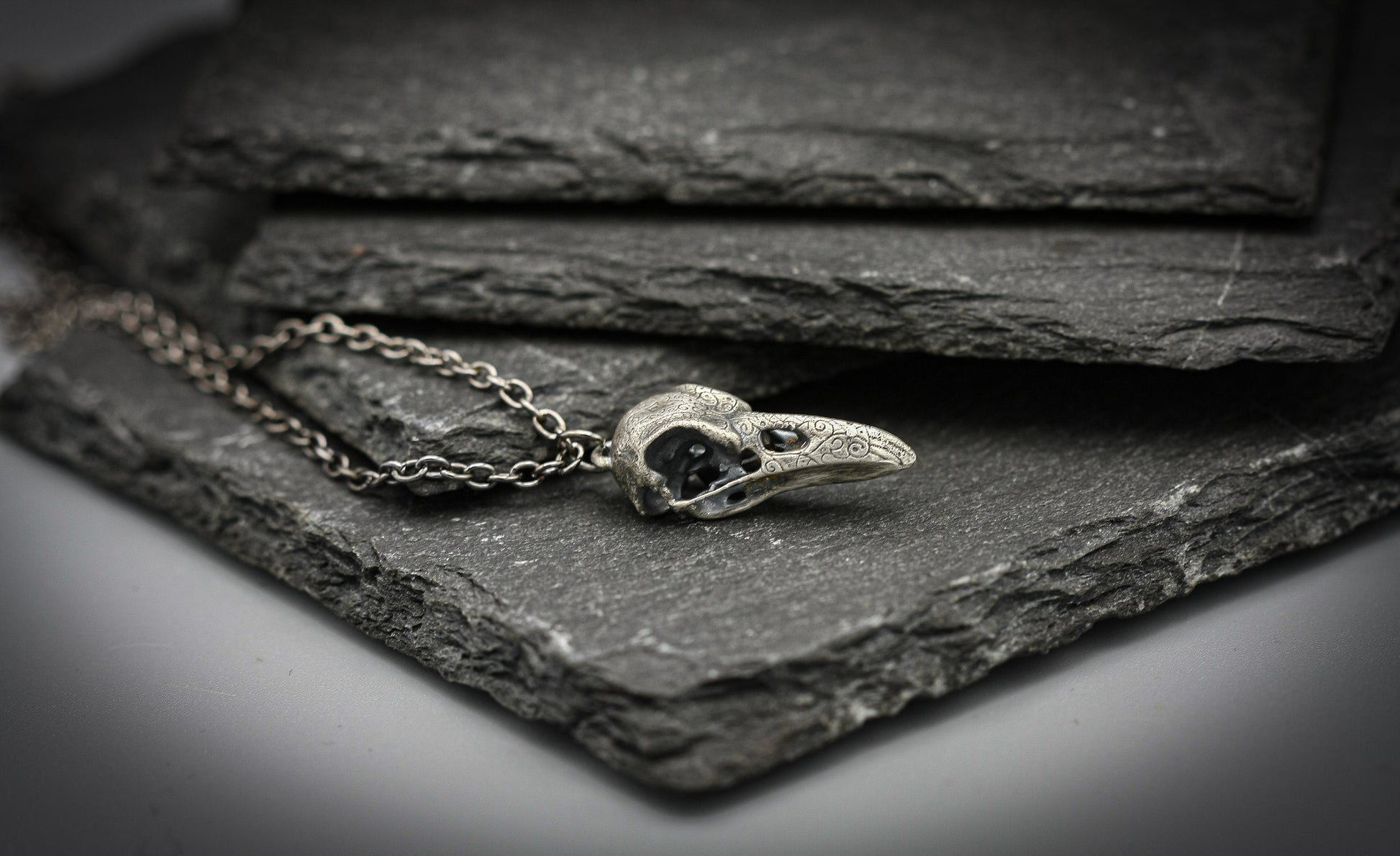 Raven skull pendant, Viking, goth silver necklace,