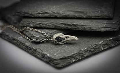 Raven skull pendant, Viking, goth silver necklace,