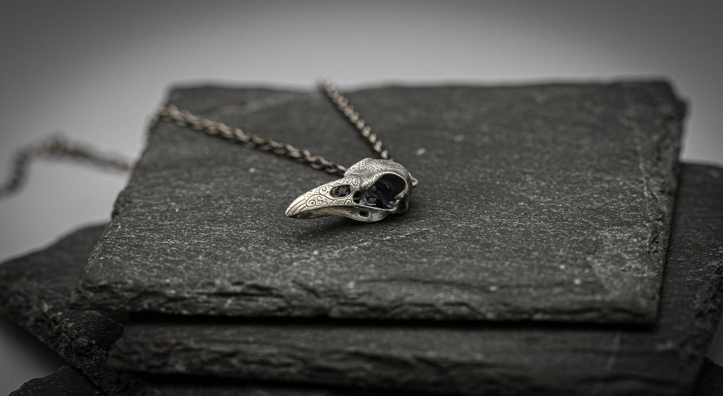 Raven skull pendant, Viking, goth silver necklace,