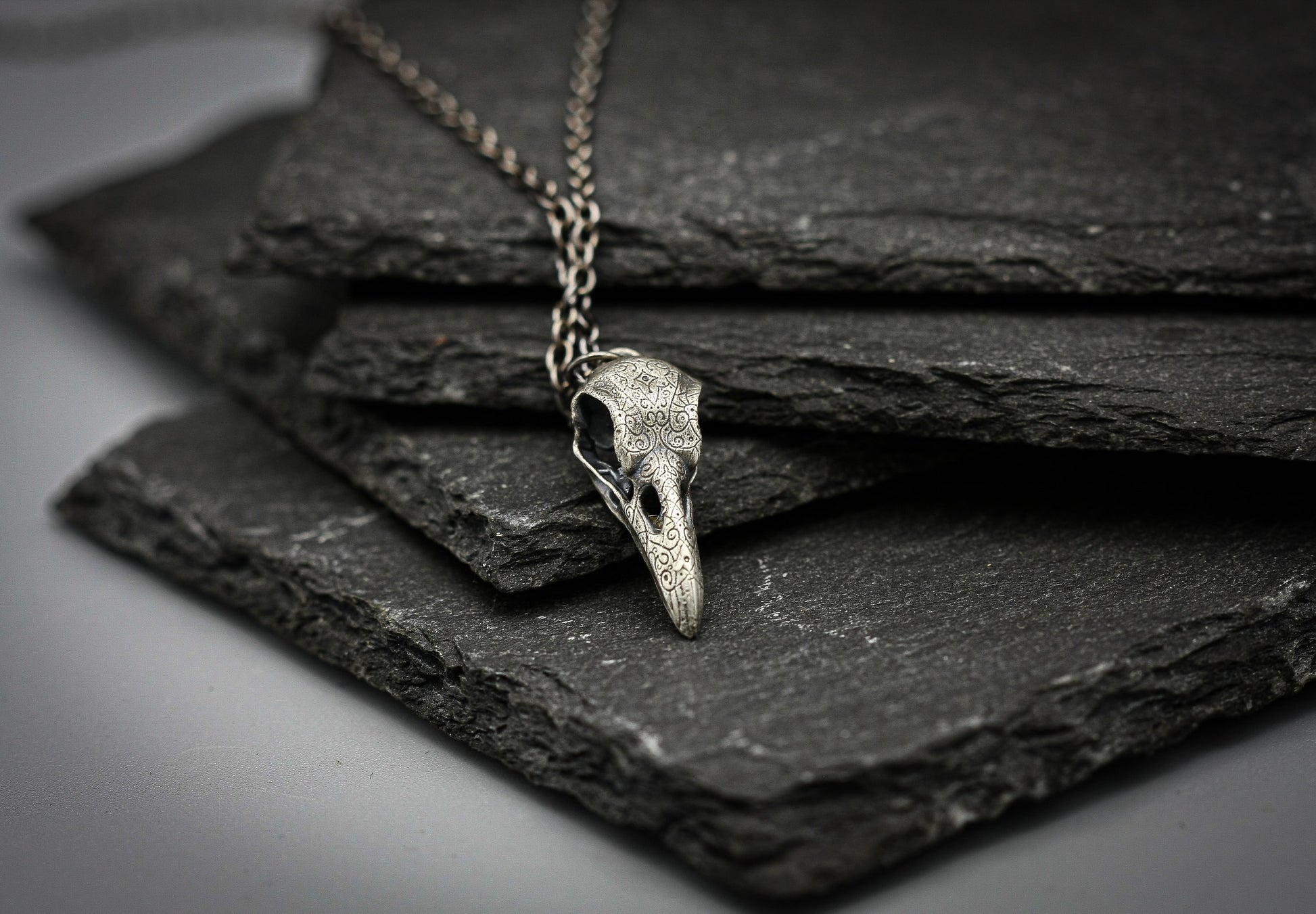 Raven skull pendant, Viking, goth silver necklace,