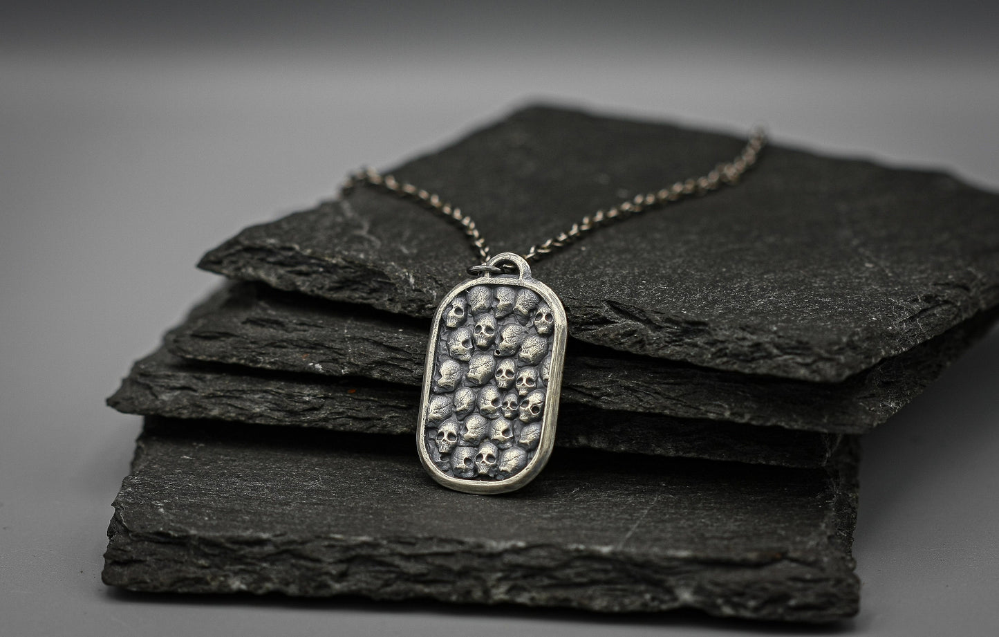 Silver skull dog tag pendant, skull necklace