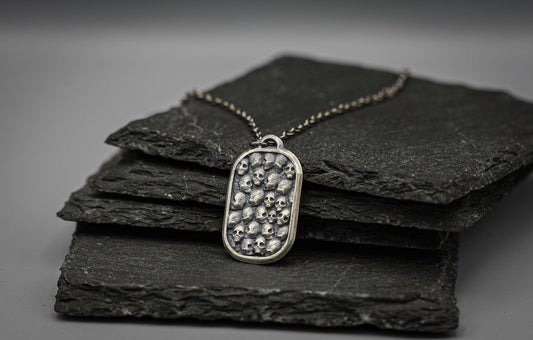 Silver skull dog tag pendant, skull necklace