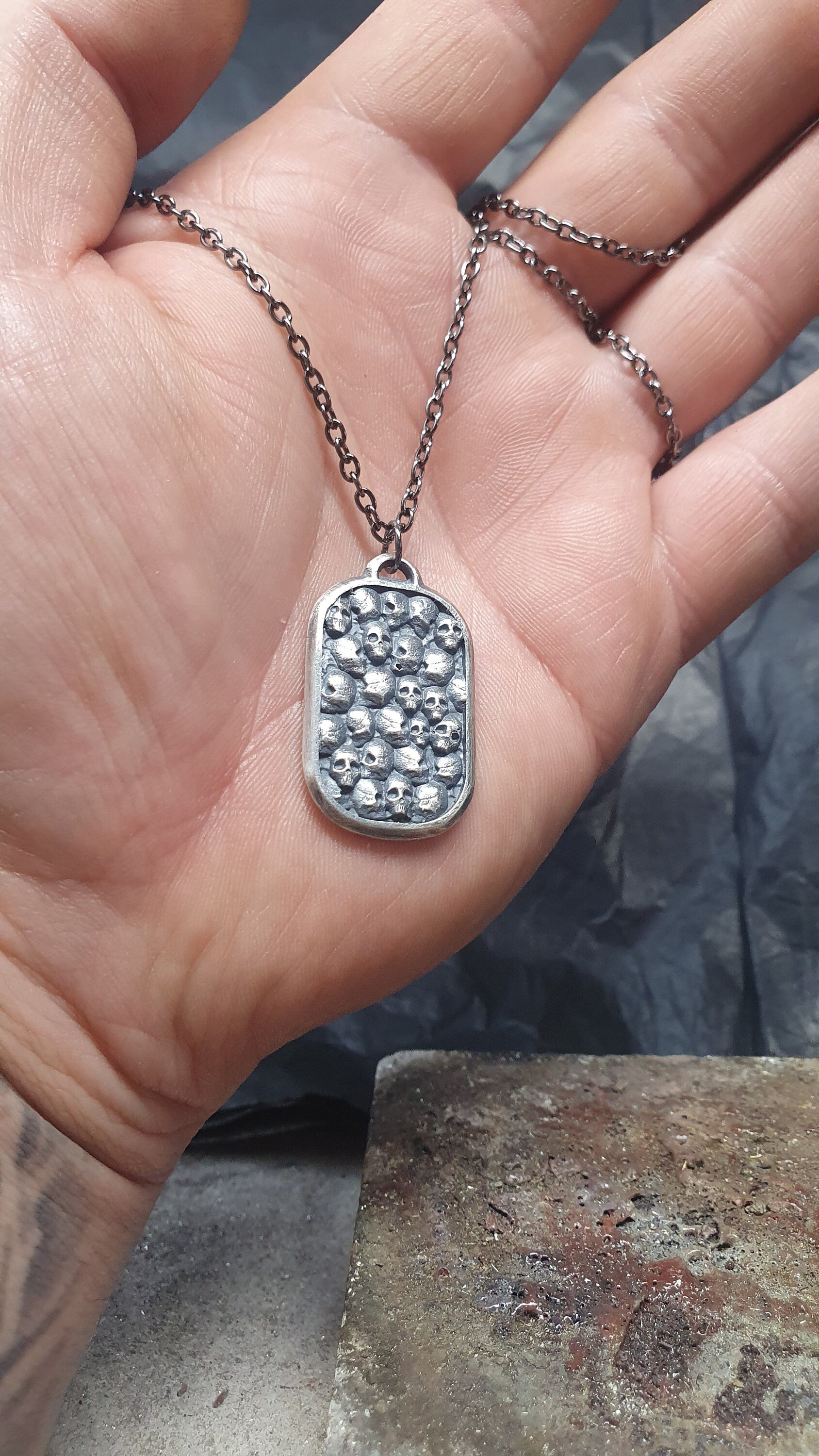 Silver skull dog tag pendant, skull necklace