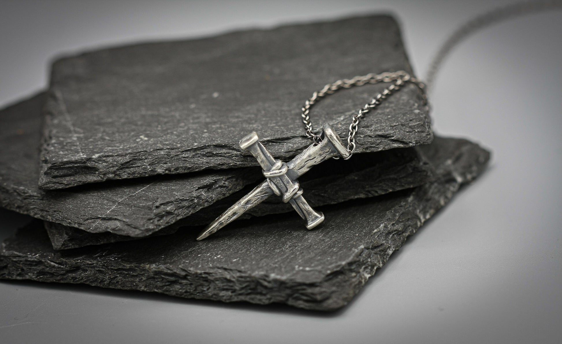 Sterling silver cross of nails, religious pendant, rustic simple cross