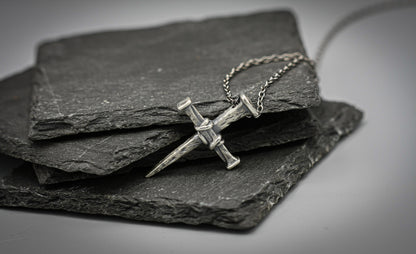 Sterling silver cross of nails, religious pendant, rustic simple cross