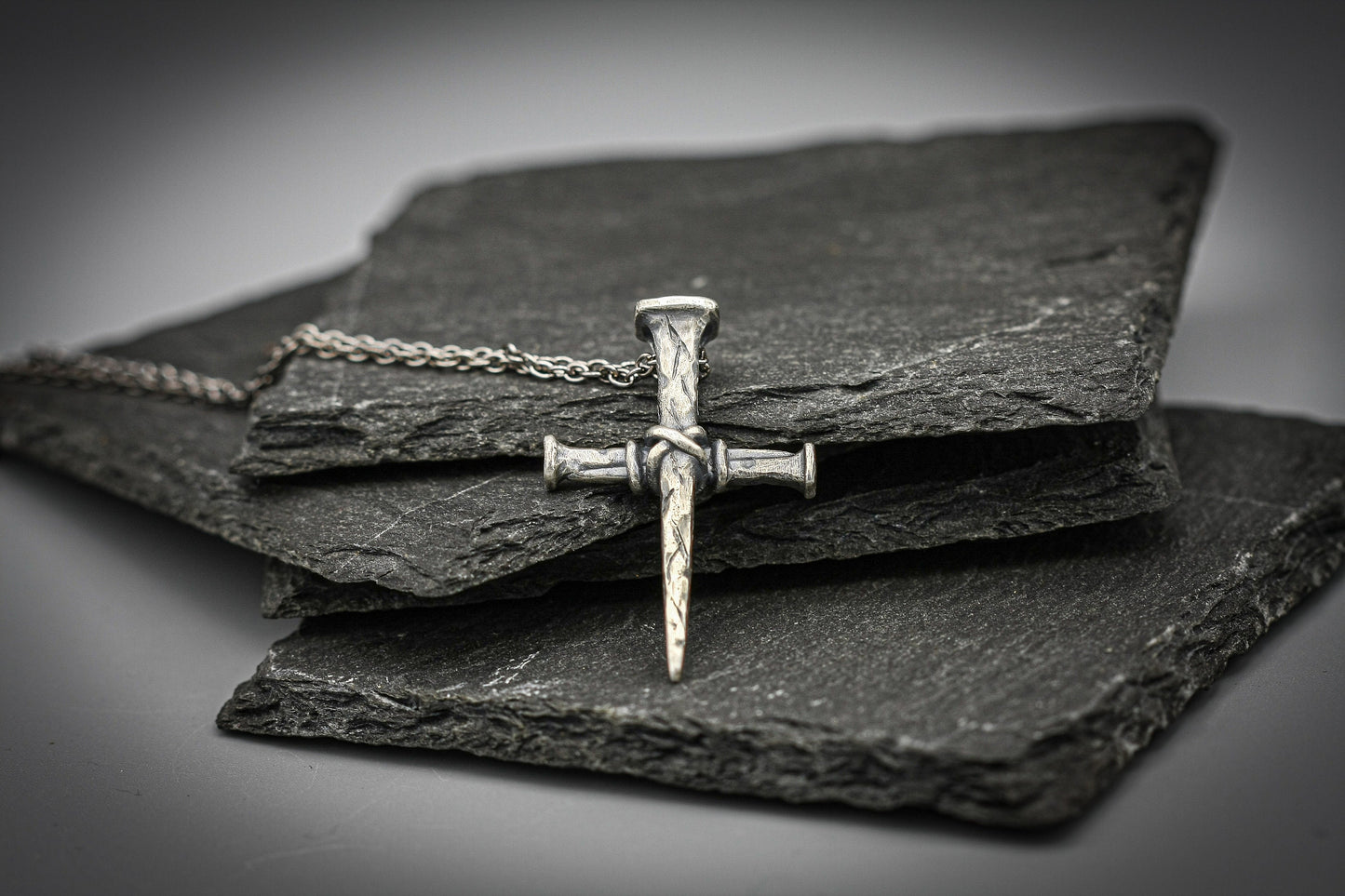 Sterling silver cross of nails, religious pendant, rustic simple cross