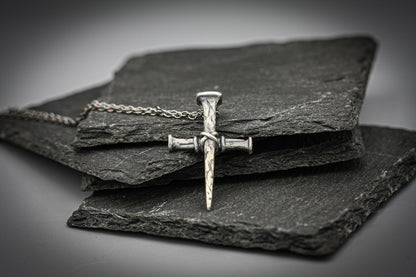 Sterling silver cross of nails, religious pendant, rustic simple cross