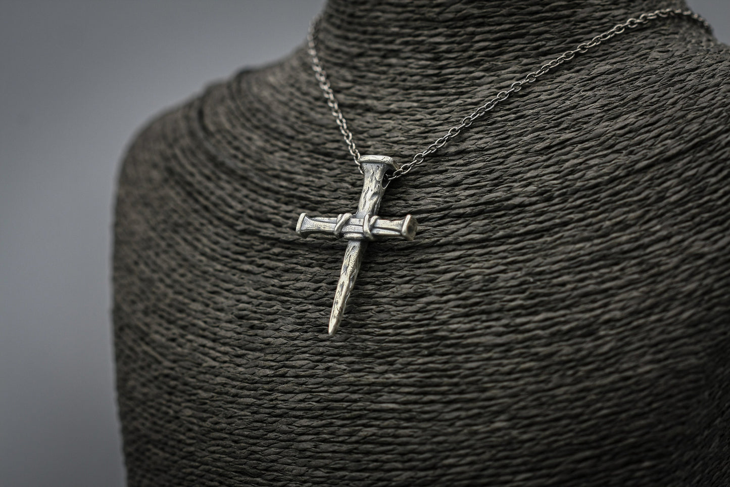 Sterling silver cross of nails, religious pendant, rustic simple cross