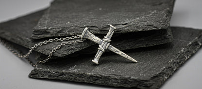 Sterling silver cross of nails, religious pendant, rustic simple cross