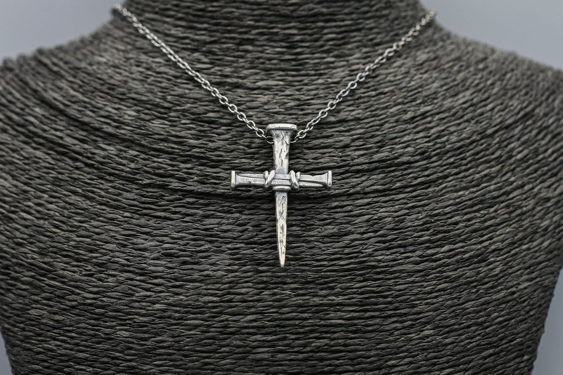 Sterling silver cross of nails, religious pendant, rustic simple cross