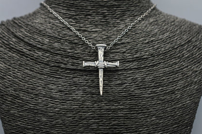 Sterling silver cross of nails, religious pendant, rustic simple cross