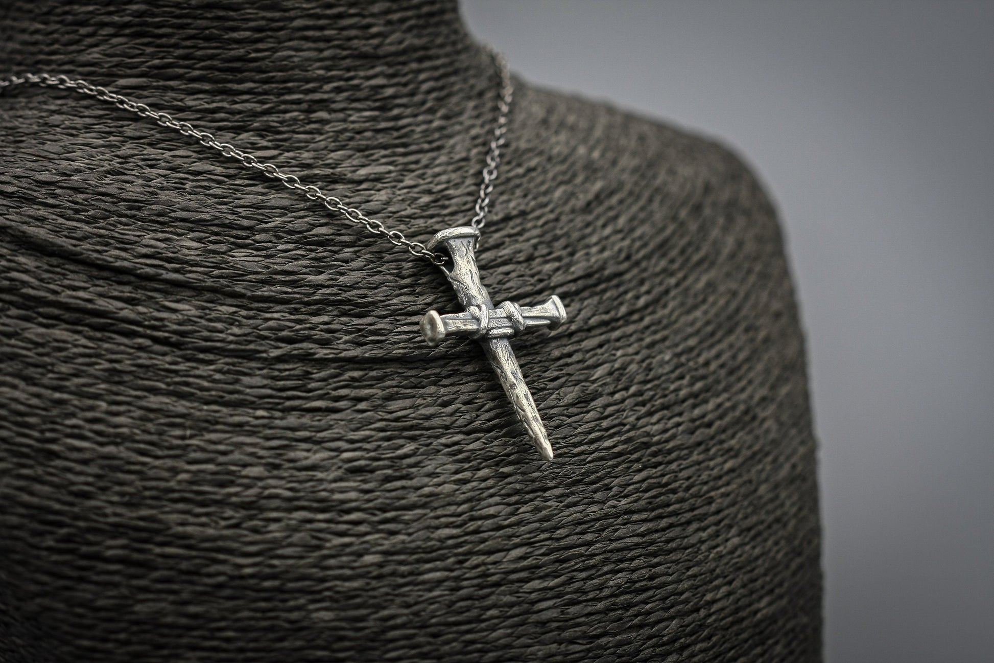 Sterling silver cross of nails, religious pendant, rustic simple cross