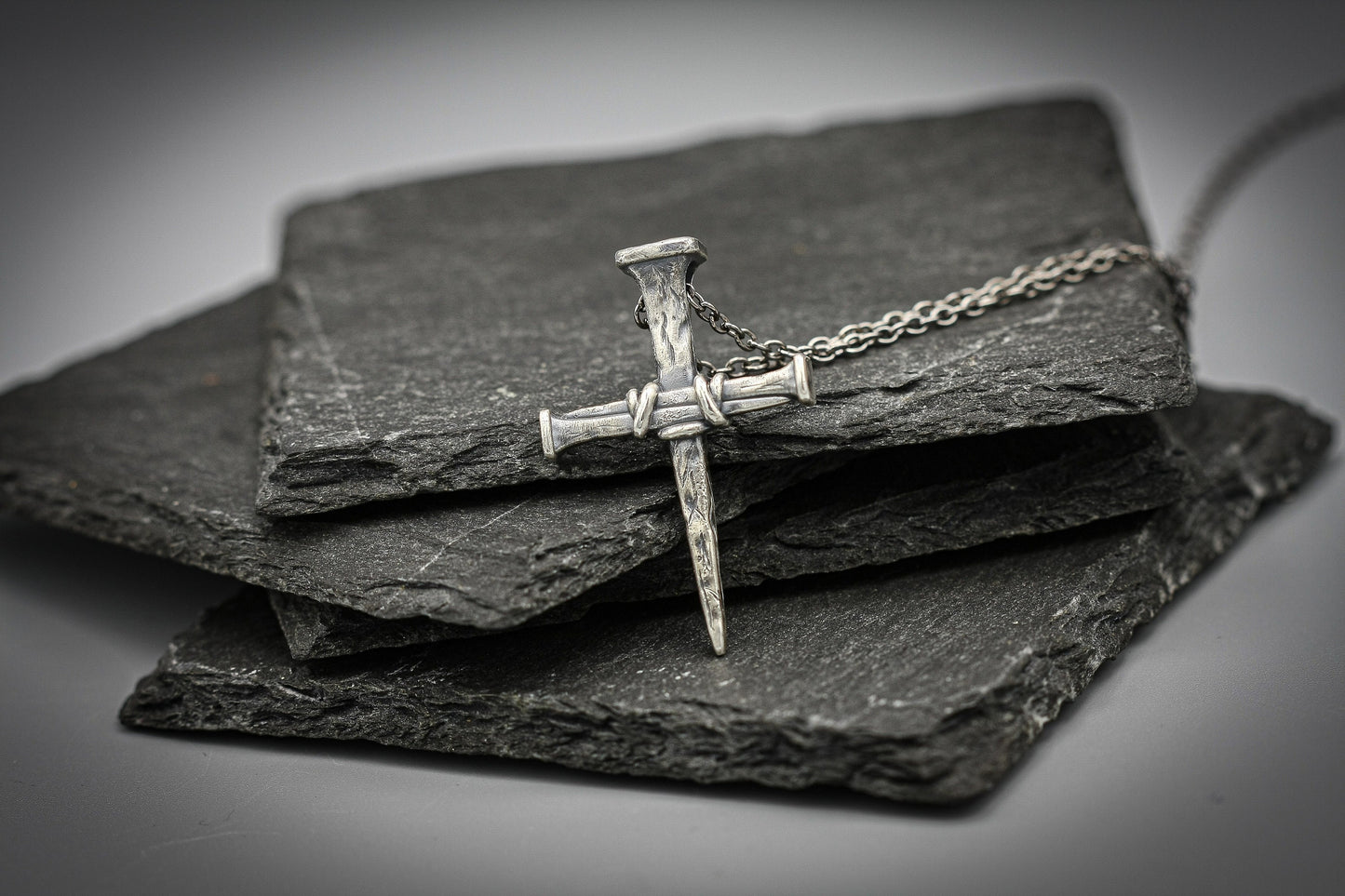 Sterling silver cross of nails, religious pendant, rustic simple cross