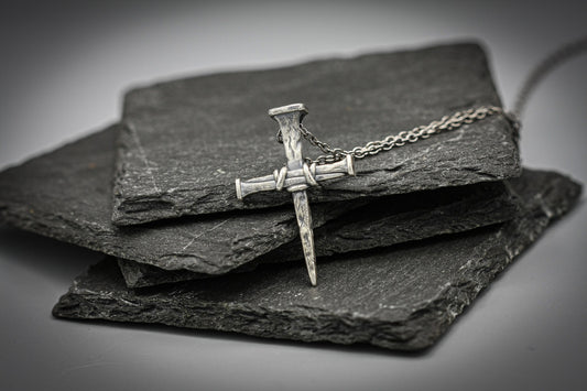 Sterling silver cross of nails, religious pendant, rustic simple cross