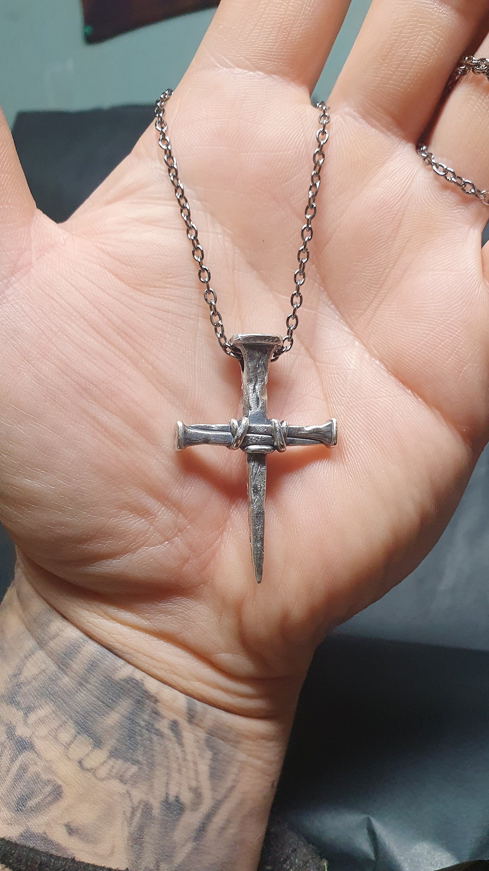 Sterling silver cross of nails, religious pendant, rustic simple cross