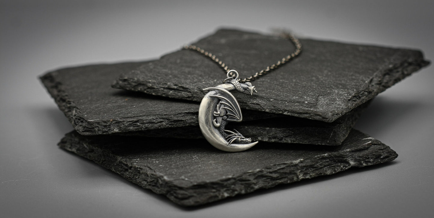 Sterling Silver Moon Dragon Pendant