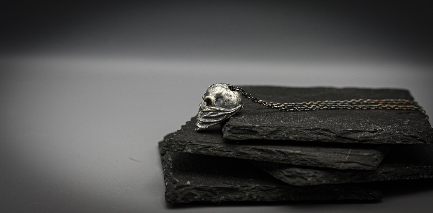 Sterling silver bikers skull pendant, gangster skull necklace