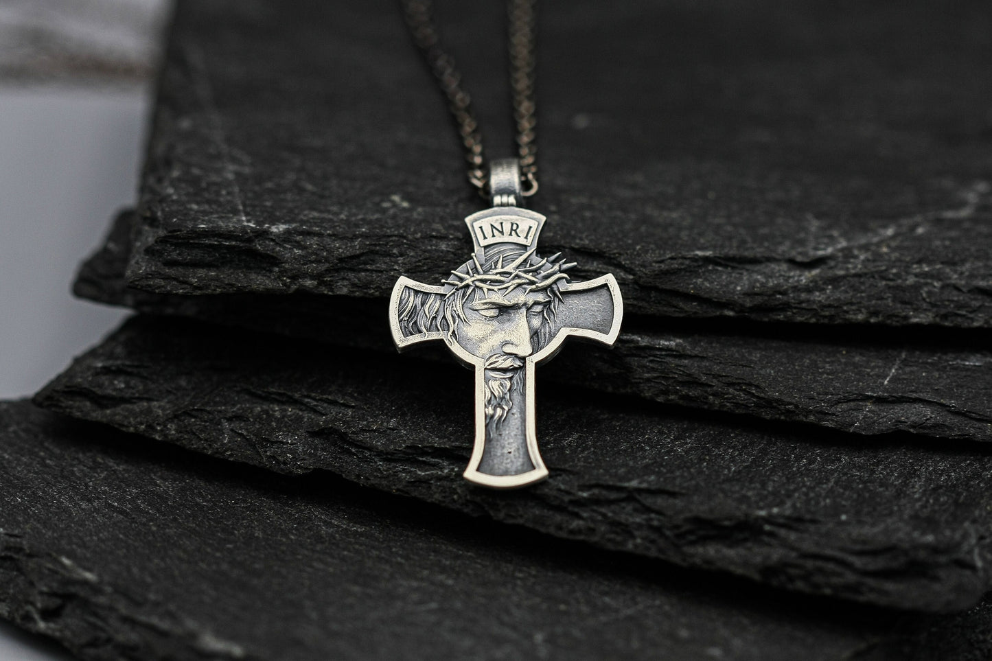 INRI Jesus Crucifix Necklace, Sterling silver cross pendant