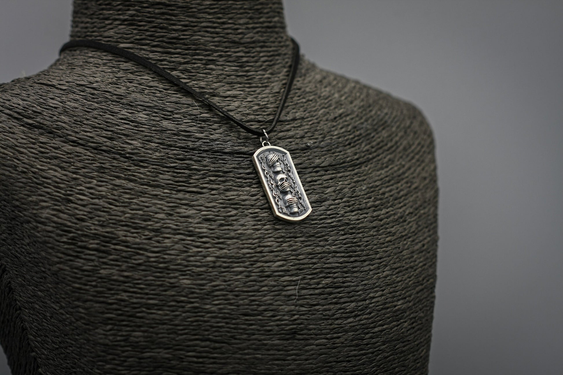 Silver skull dog tag pendant, Three Wise skull necklace