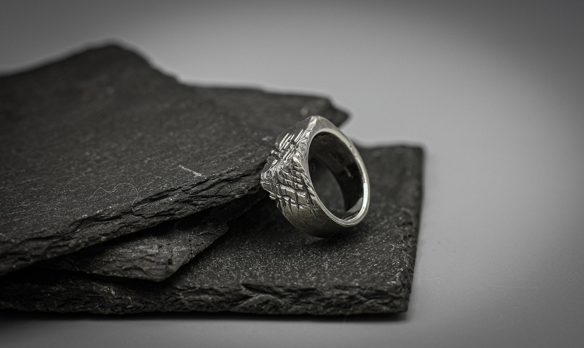 Rough scratched Brutalist silver signet ring