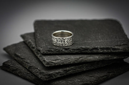 Scratched brutalist band , oxidised silver ring, unique wedding ring