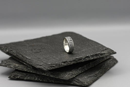 Silver ring, moon texture, Distressed band