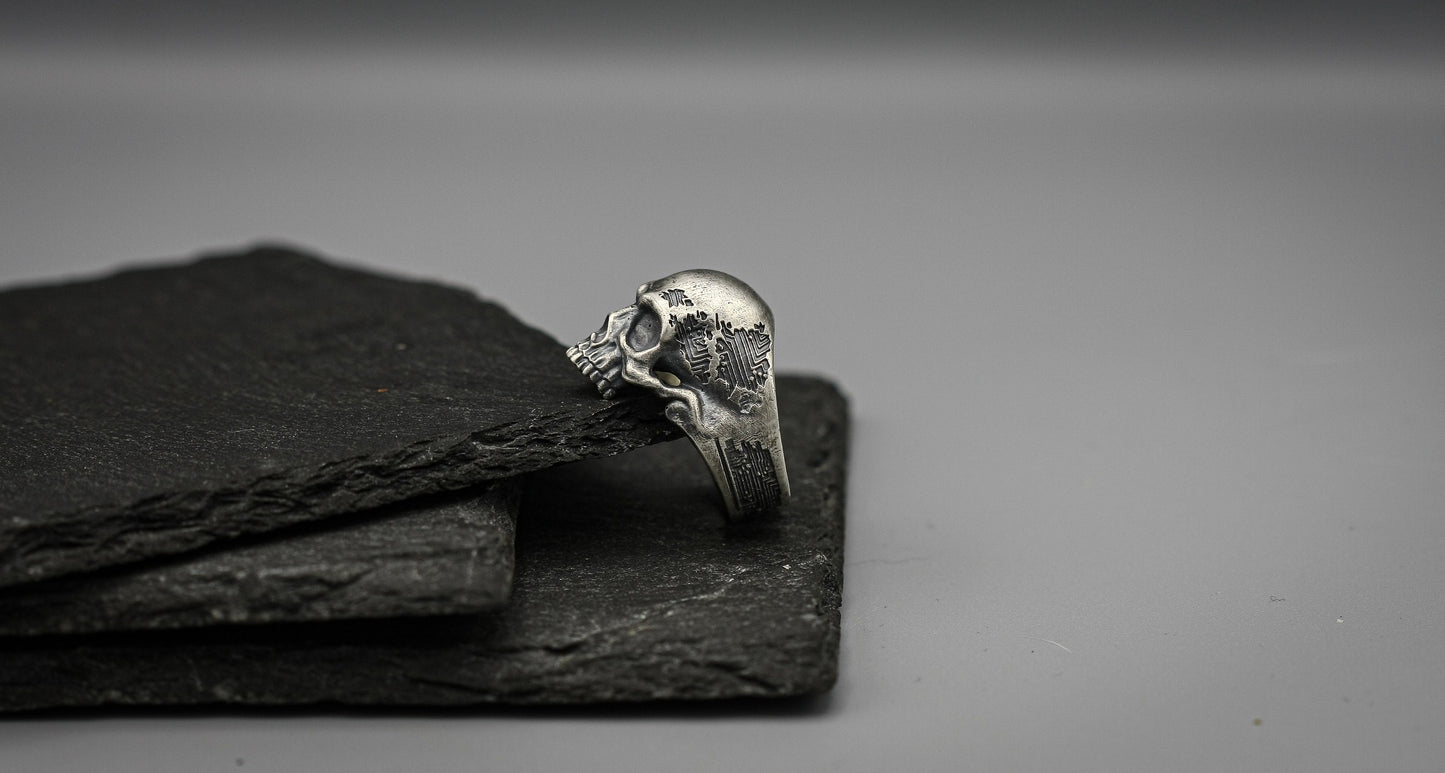 Cyborg skull ring, rocker bicker silver band