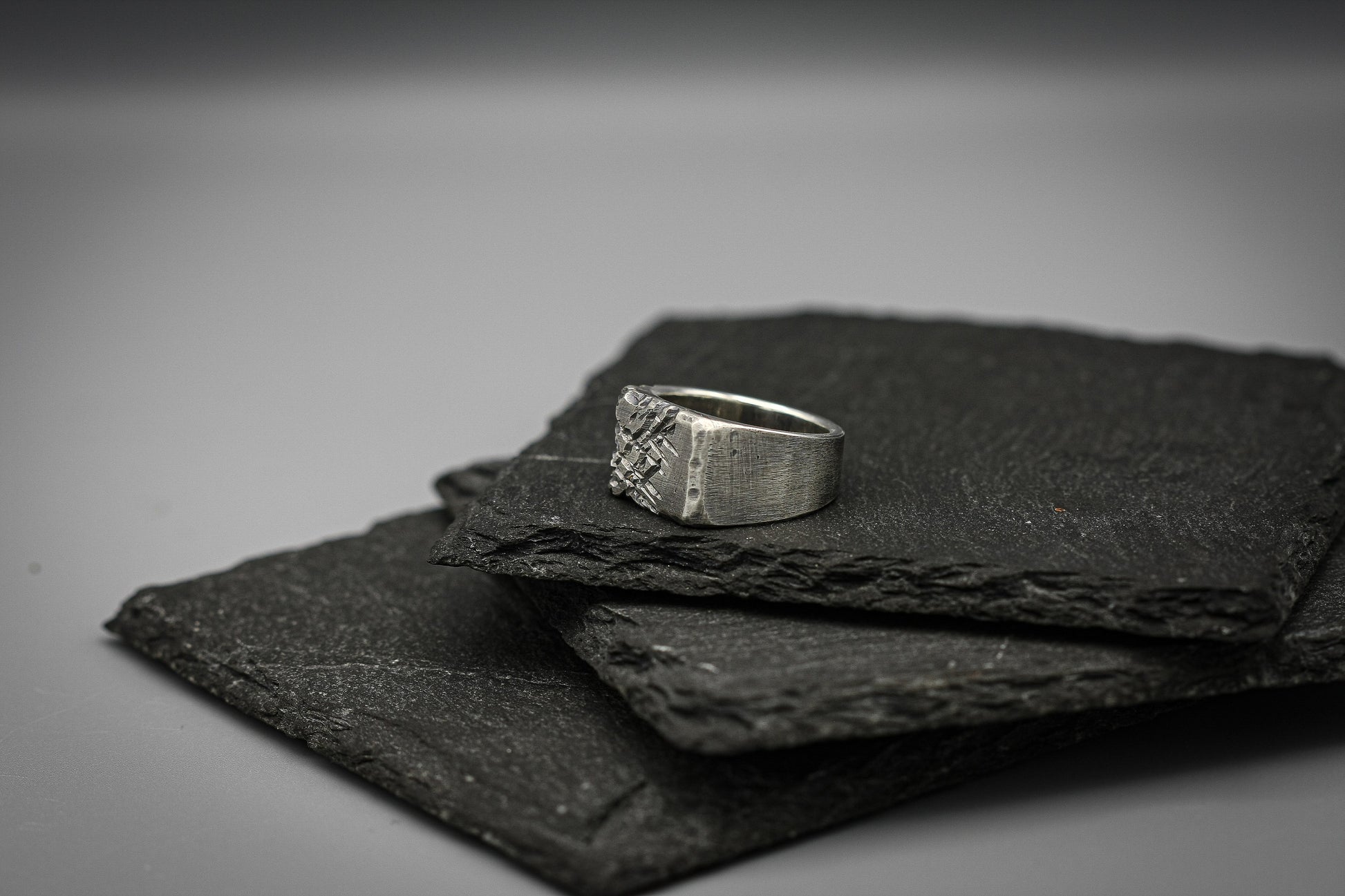 Rough scratched Brutalist silver signet ring