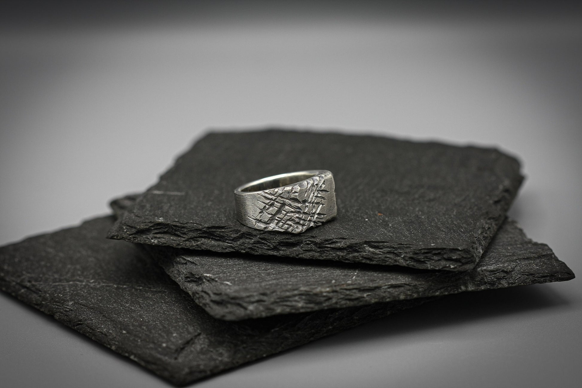 Rough scratched Brutalist silver signet ring