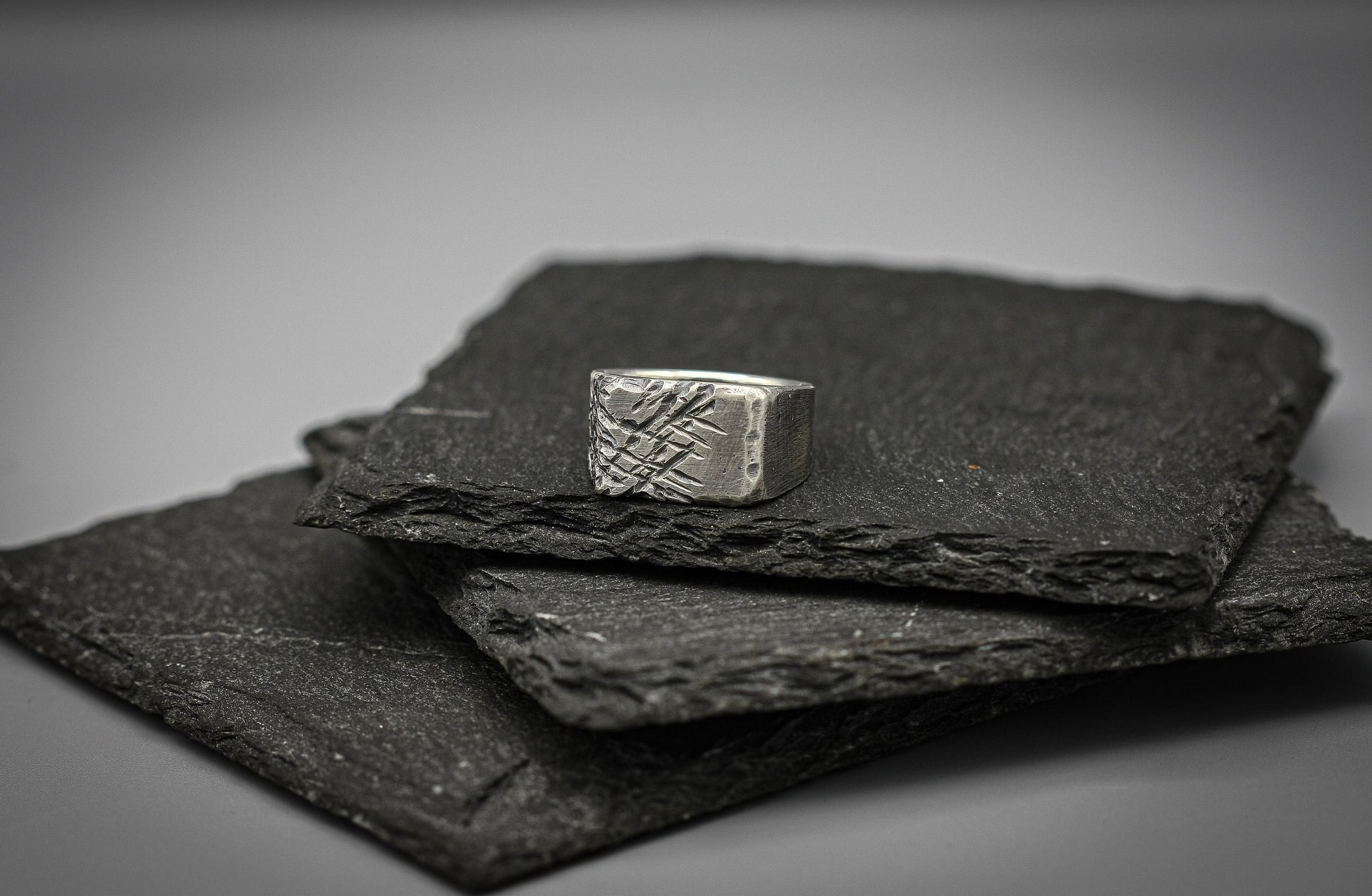 Rough scratched Brutalist silver signet ring