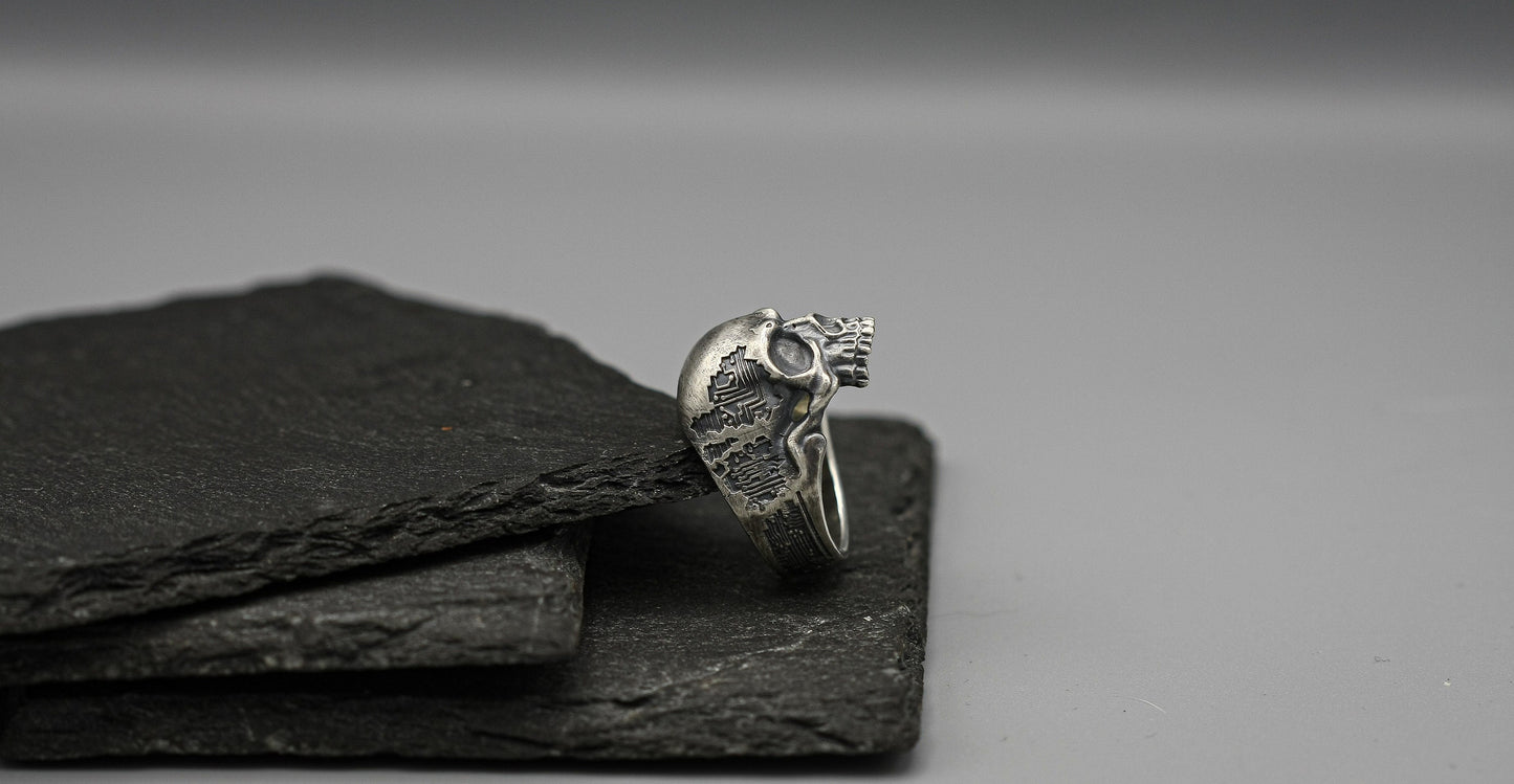 Cyborg skull ring, rocker bicker silver band