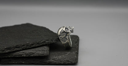 Cyborg skull ring, rocker bicker silver band