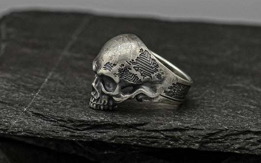 Cyborg skull ring, rocker bicker silver band