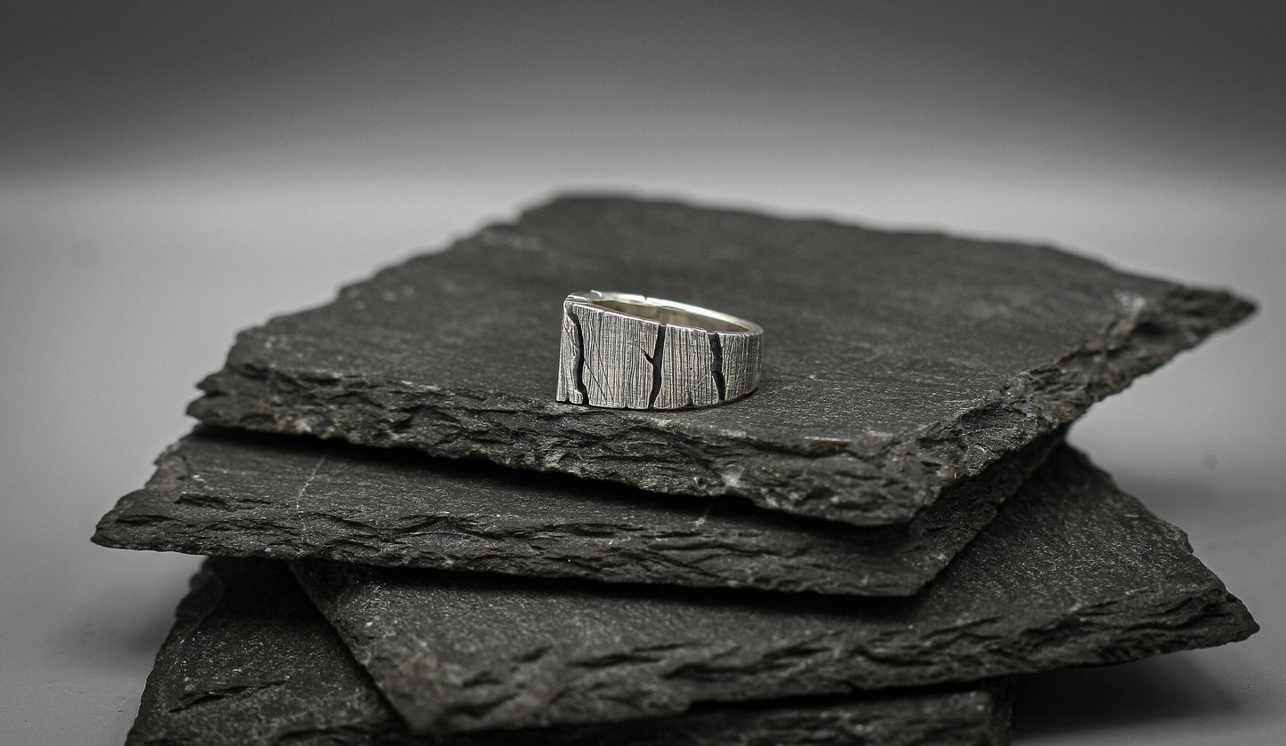 Oxidized Silver bark ring, distressed ring