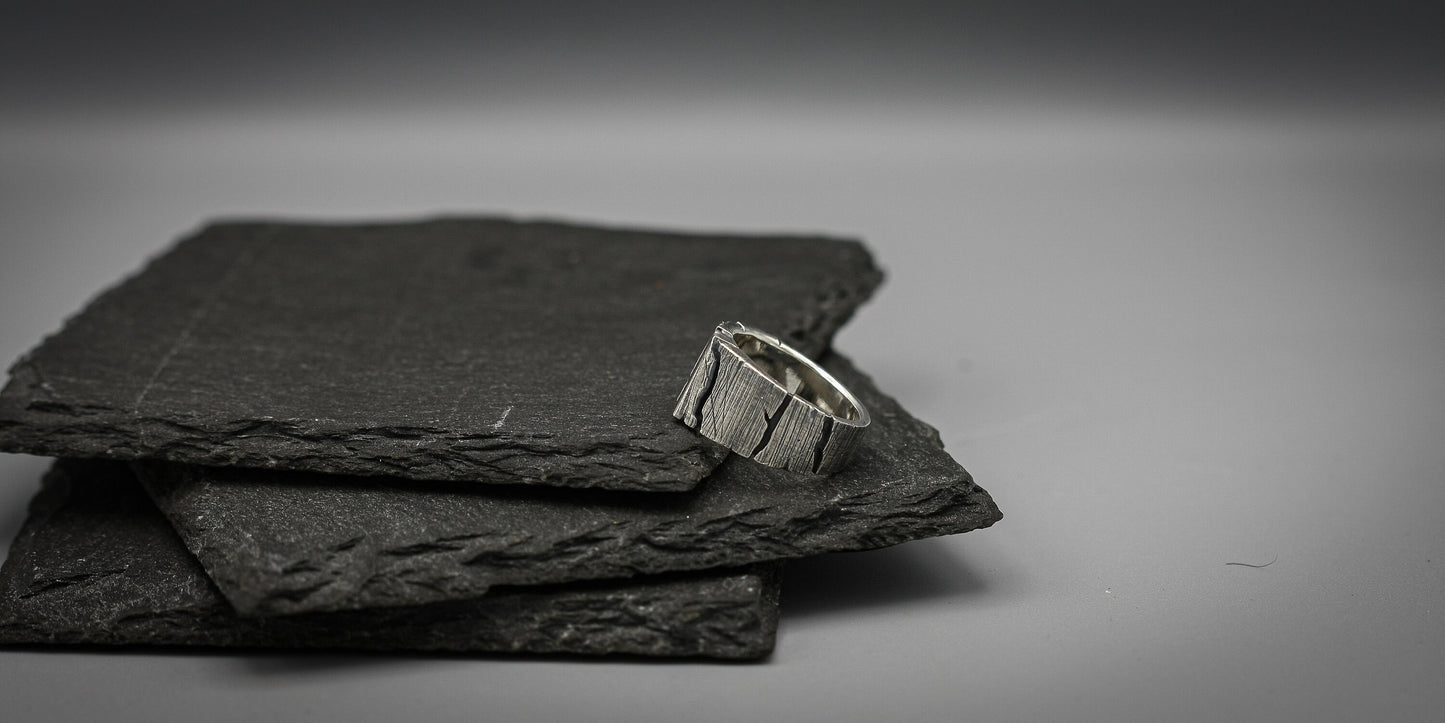 Oxidized Silver bark ring, distressed ring