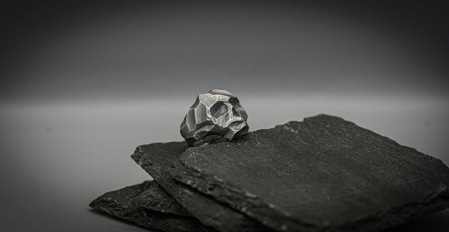 Brutalist Skull ring, Sterling silver scratched band