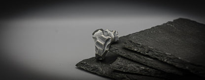 Brutalist Skull ring, Sterling silver scratched band