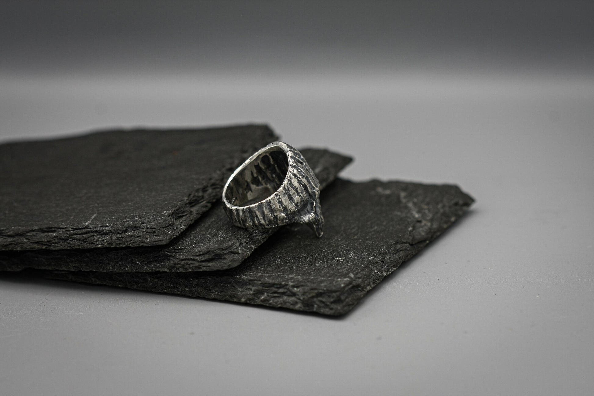 Silver wooden skull brutalist ring