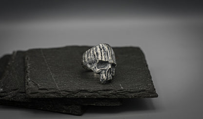 Silver wooden skull brutalist ring